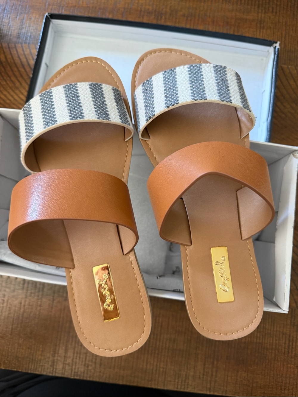 Striped Canvas & Tan Slide Sandals - Women